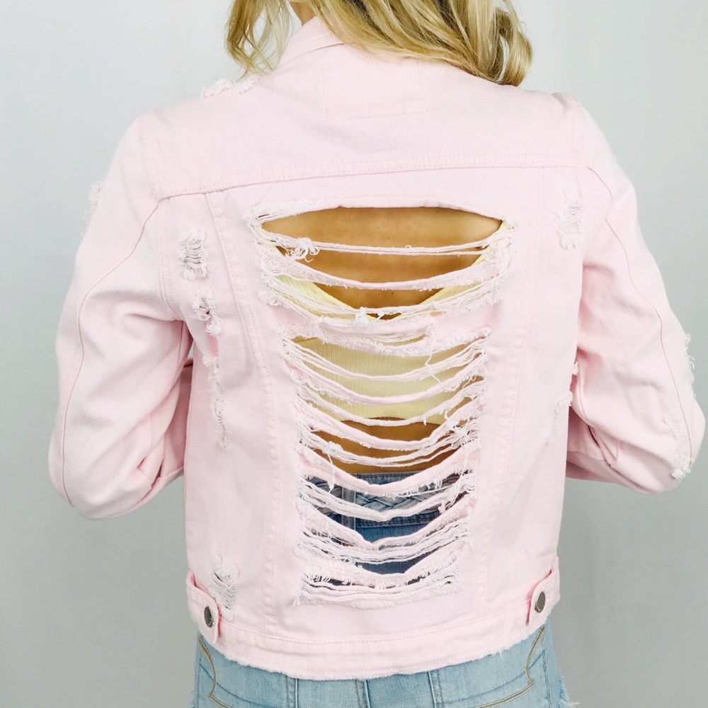 AMERICAN BAZI Pastel Pink Distressed Denim Jacket